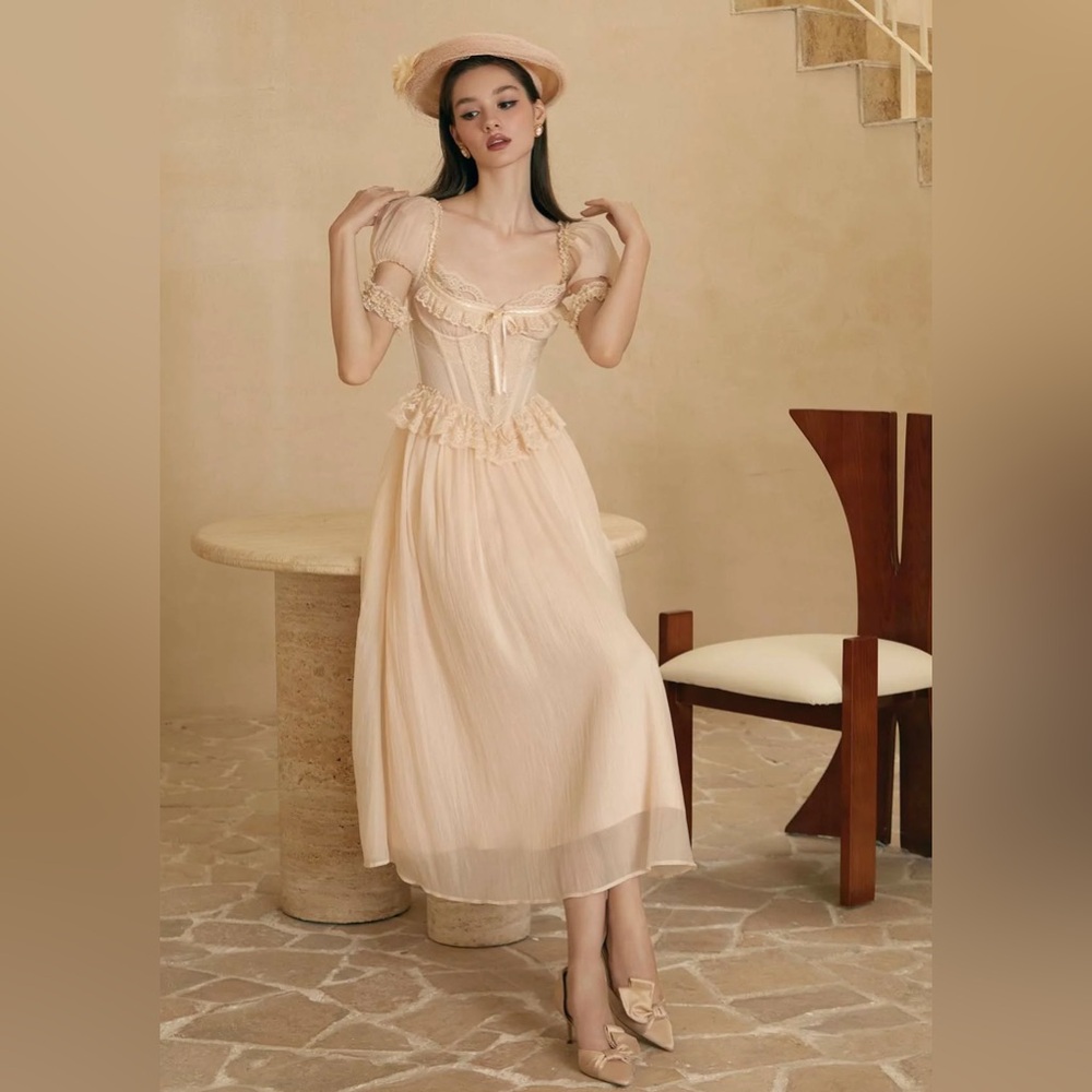 Elegant Cream Ruffled Midi Dress with Puff Sleeves